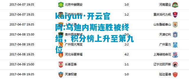 乌迪内斯连胜被终结，积分榜上升至第九位